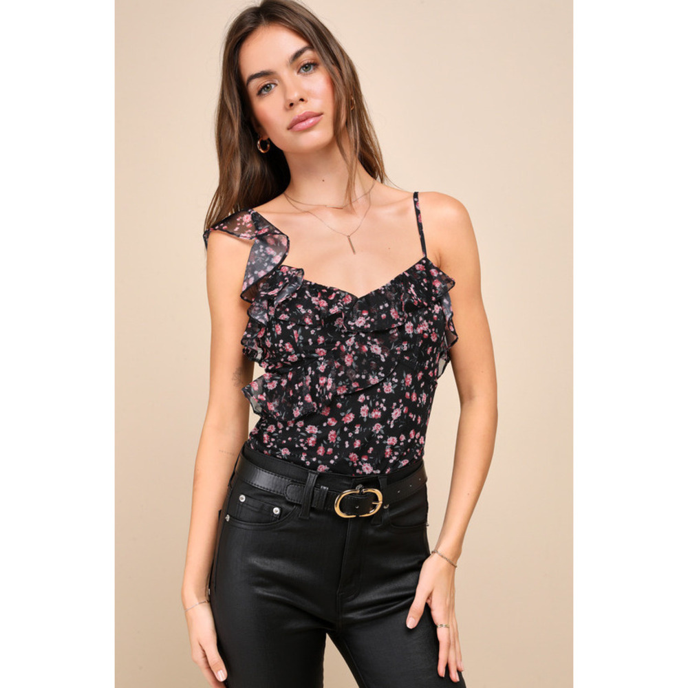 Lulus Cutest Potential Black Floral Mesh Ruffled Sleeveless Bodysuit - Size M